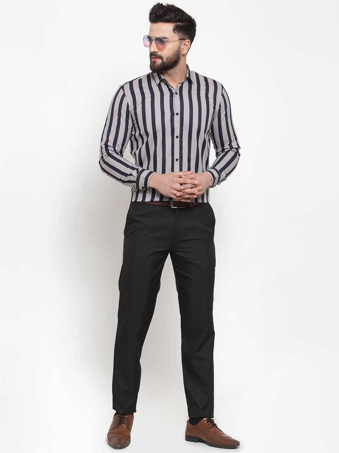 Jainish Grey Men's Cotton Striped Formal Shirts ( SF 744Grey ) - Distacart