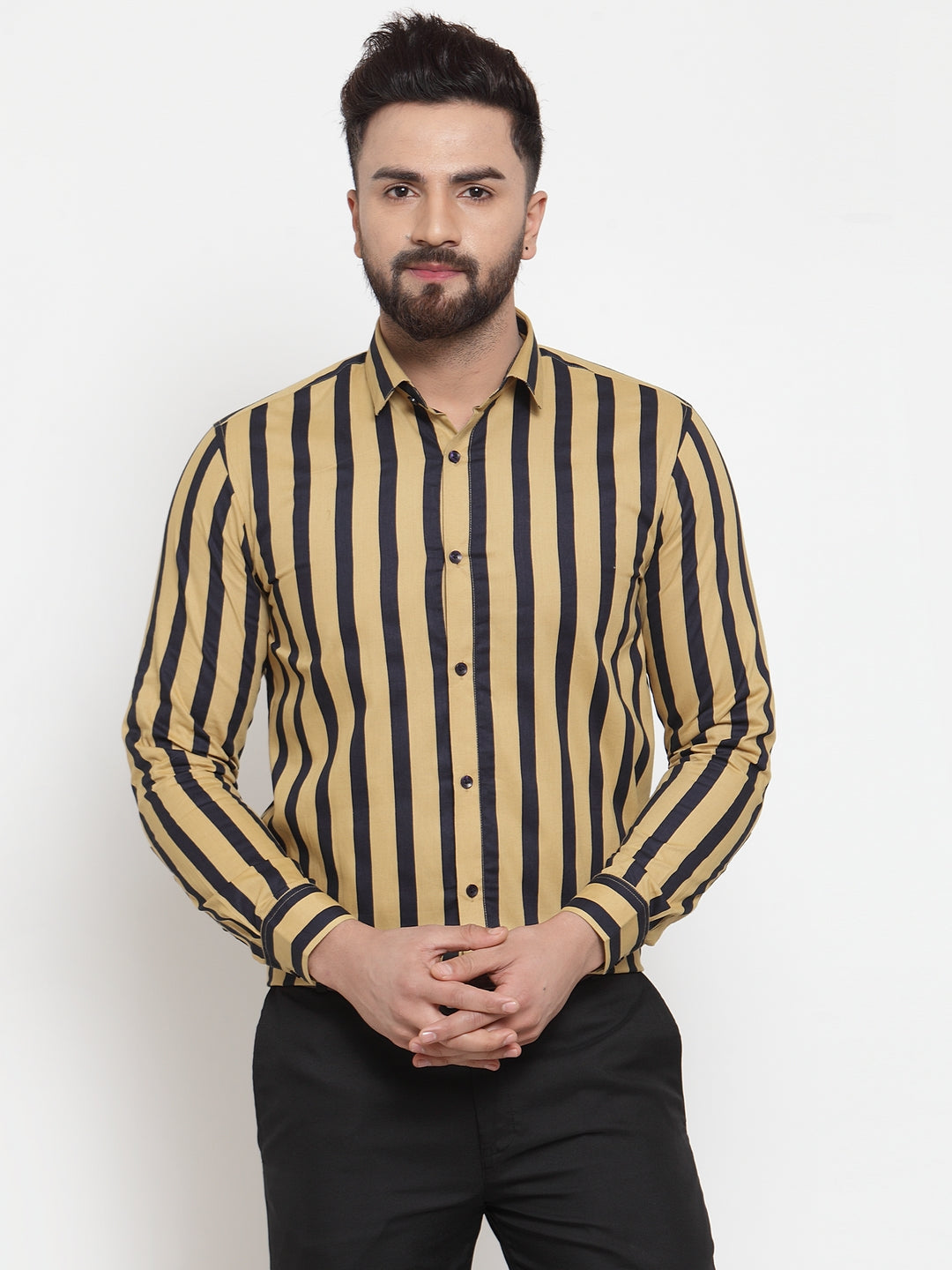 Jainish Yellow Men's Cotton Striped Formal Shirts ( SF 744Mustard ) - Distacart