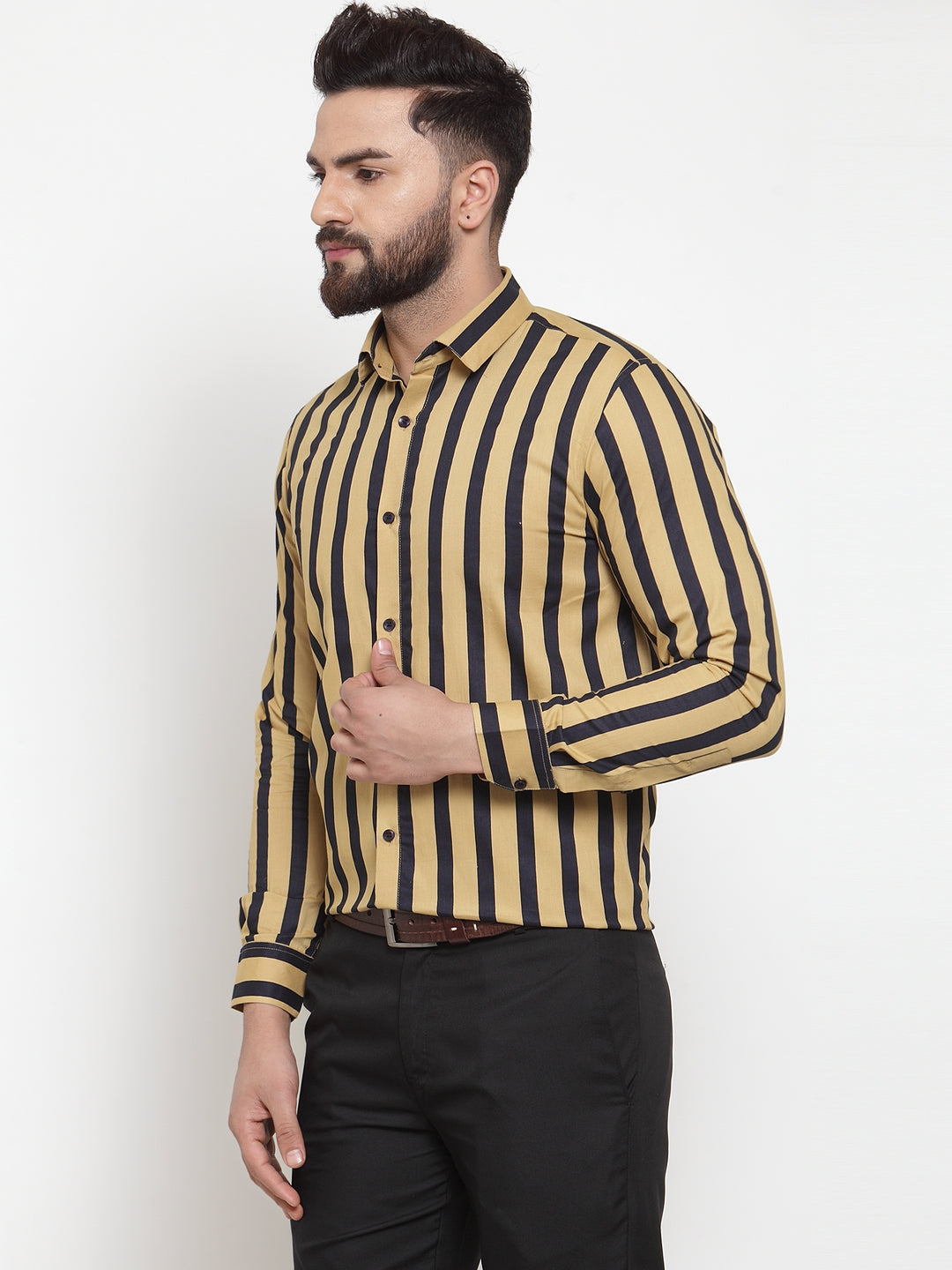 Jainish Yellow Men's Cotton Striped Formal Shirts ( SF 744Mustard ) - Distacart