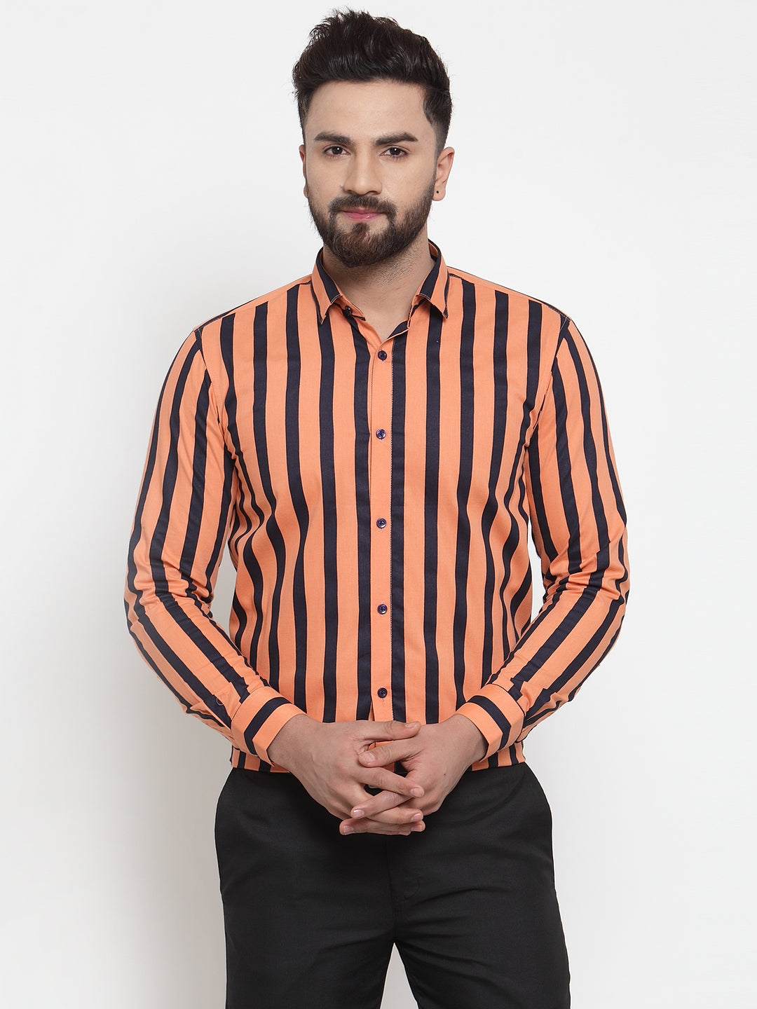 Jainish Orange Men's Cotton Striped Formal Shirts ( SF 744Orange ) - Distacart