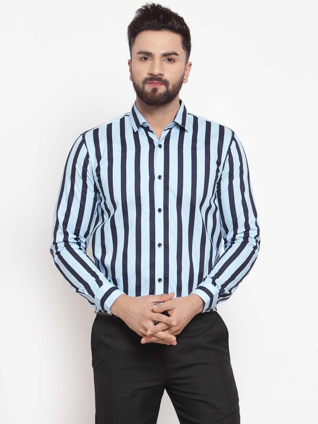 Jainish Blue Men's Cotton Striped Formal Shirts ( SF 744Sky ) - Distacart
