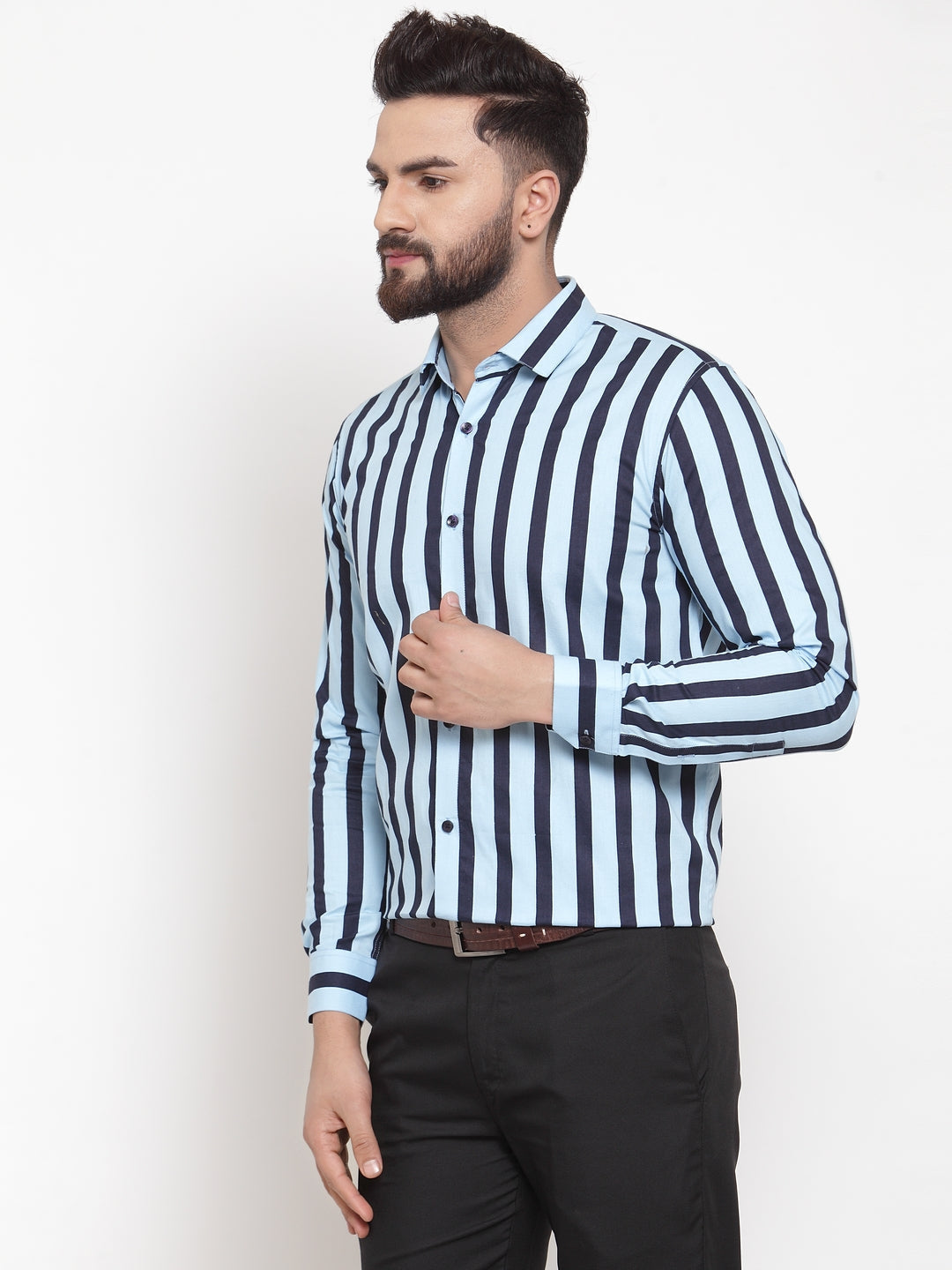 Jainish Blue Men's Cotton Striped Formal Shirts ( SF 744Sky ) - Distacart