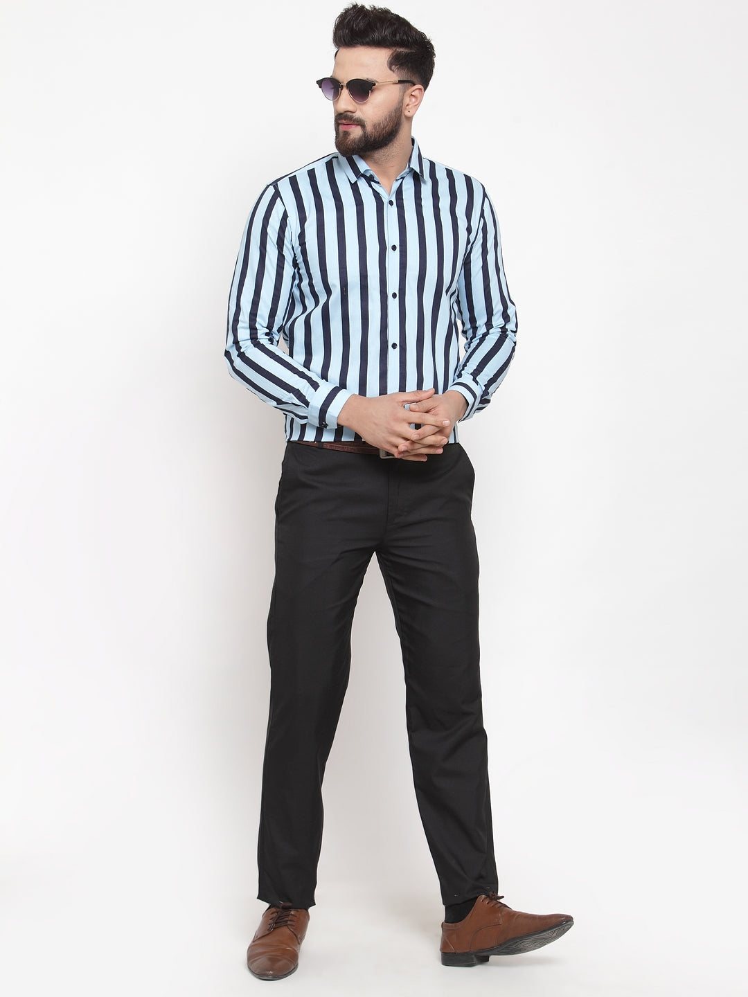 Jainish Blue Men's Cotton Striped Formal Shirts ( SF 744Sky ) - Distacart