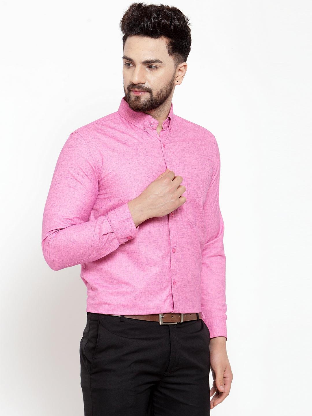 Jainish Pink Men's Cotton Solid Button Down Formal Shirts ( SF 753Pink ) - Distacart
