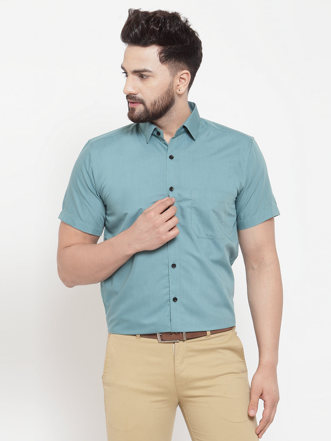 Jainish Green Men's Cotton Half Sleeves Solid Formal Shirts ( SF 754Aqua ) - Distacart