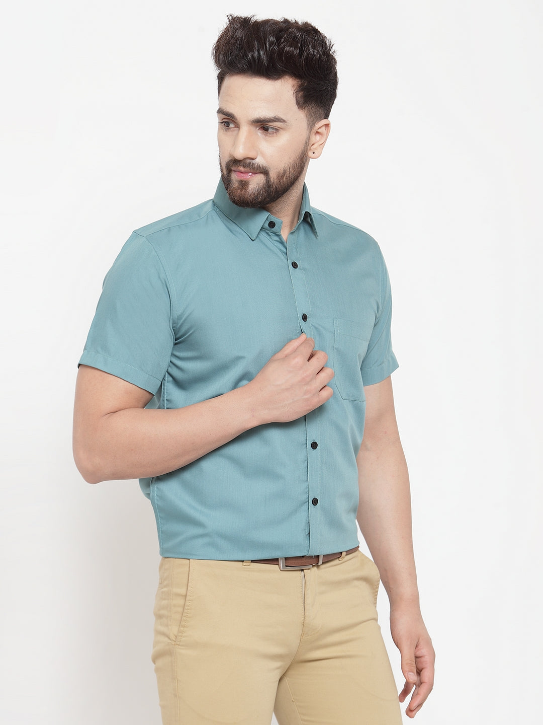 Jainish Green Men's Cotton Half Sleeves Solid Formal Shirts ( SF 754Aqua ) - Distacart
