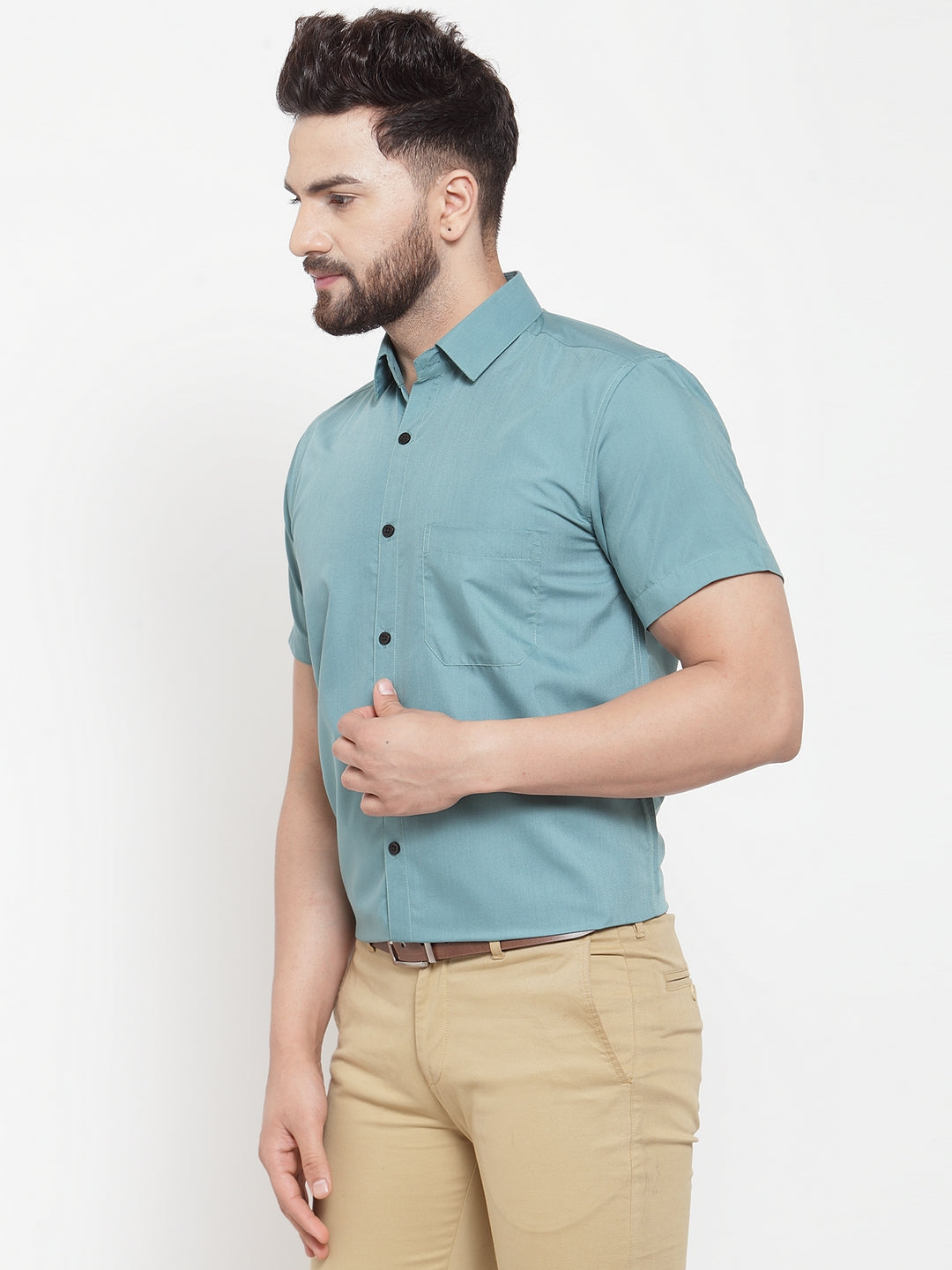 Jainish Green Men's Cotton Half Sleeves Solid Formal Shirts ( SF 754Aqua ) - Distacart