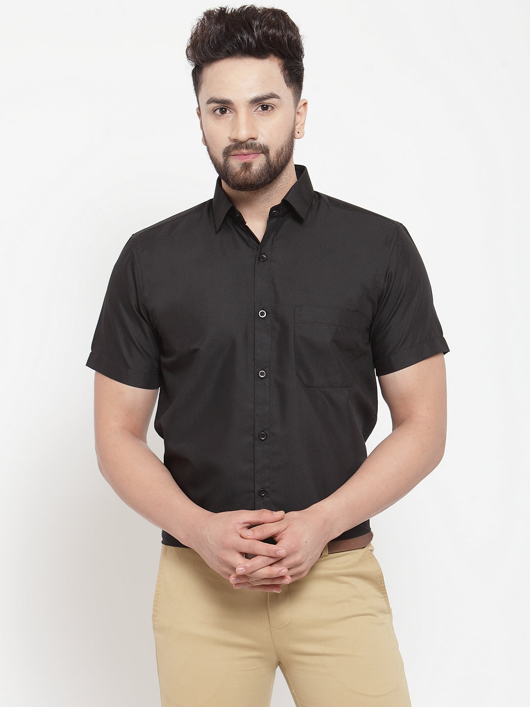 Jainish Black Men's Cotton Half Sleeves Solid Formal Shirts ( SF 754Black ) - Distacart
