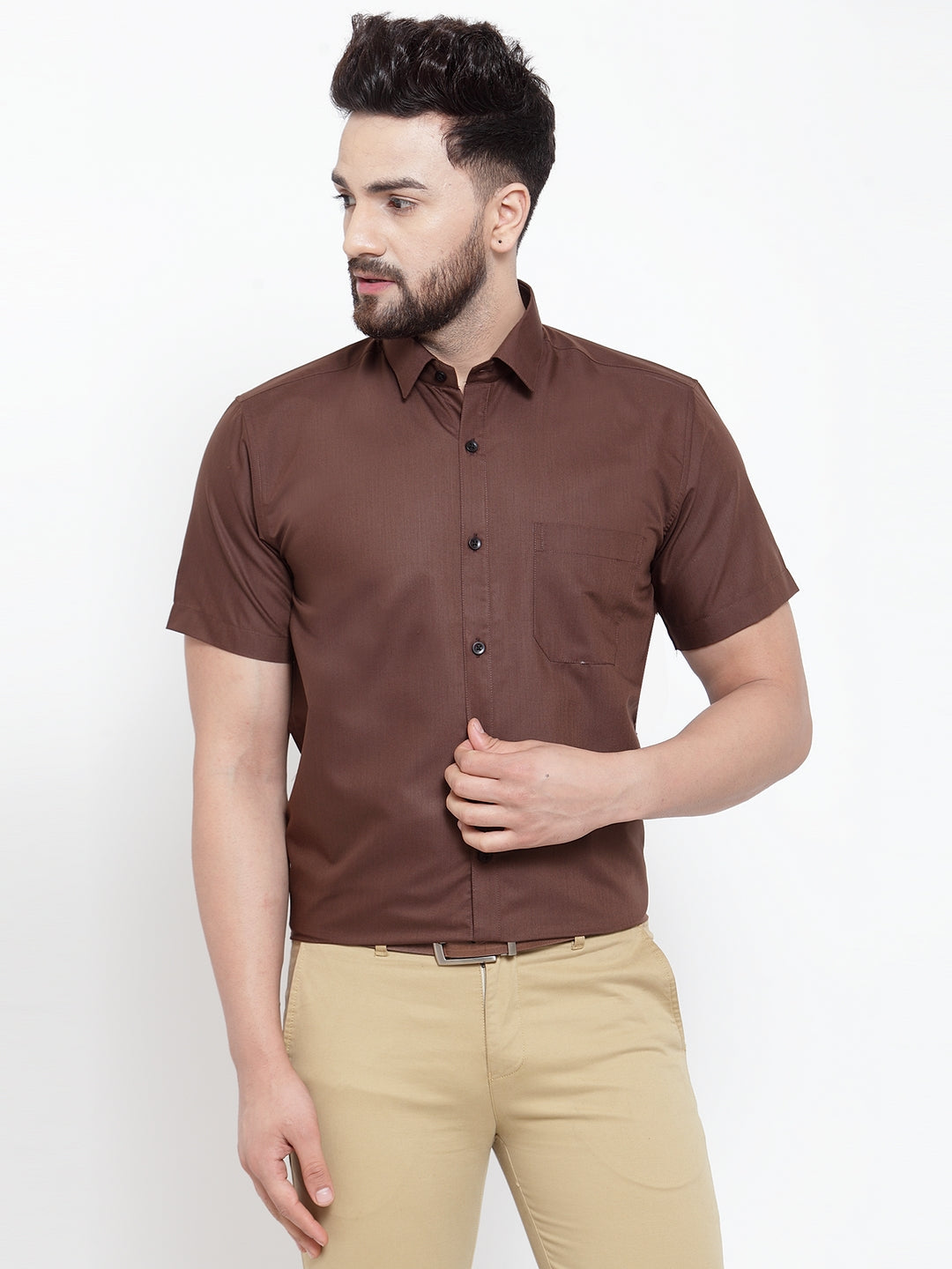 Jainish Brown Men's Cotton Half Sleeves Solid Formal Shirts ( SF 754Coffee ) - Distacart