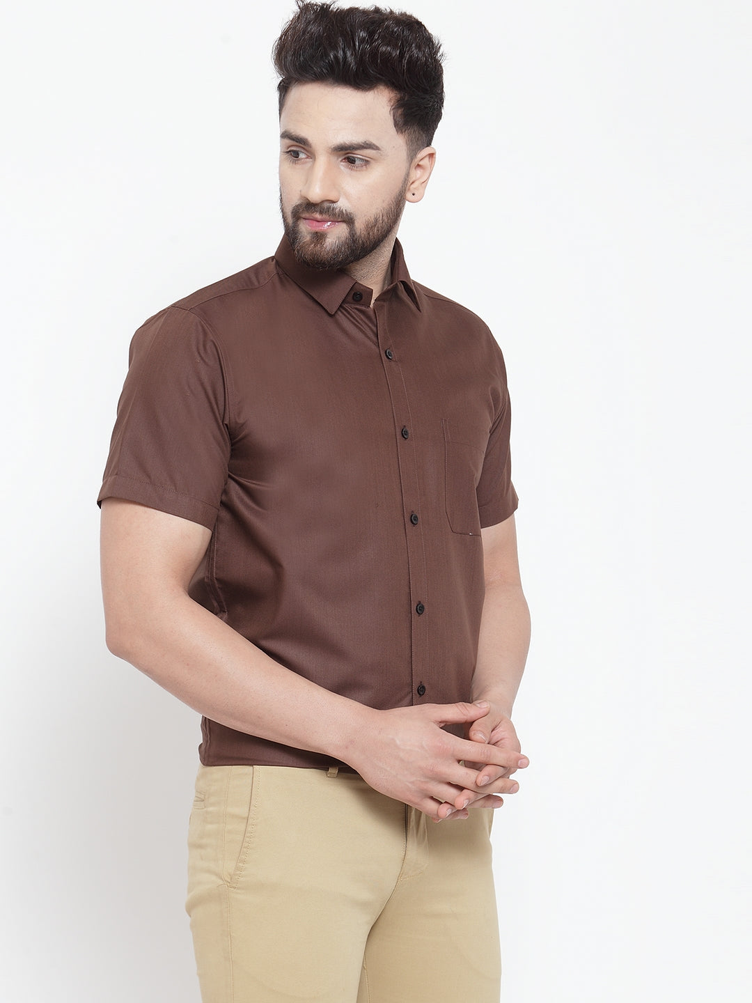 Jainish Brown Men's Cotton Half Sleeves Solid Formal Shirts ( SF 754Coffee ) - Distacart