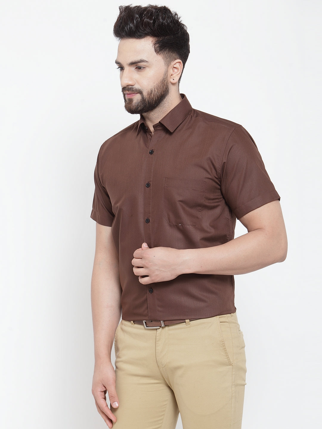 Jainish Brown Men s Cotton Half Sleeves Solid Formal Shirts SF 754Coffee