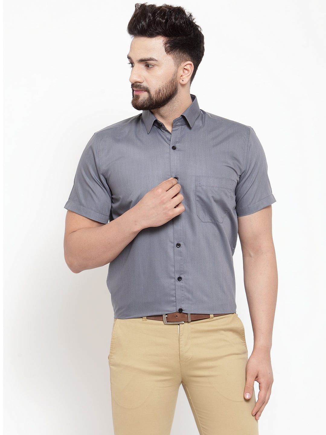 Jainish Grey Men's Cotton Half Sleeves Solid Formal Shirts ( SF 754Grey ) - Distacart