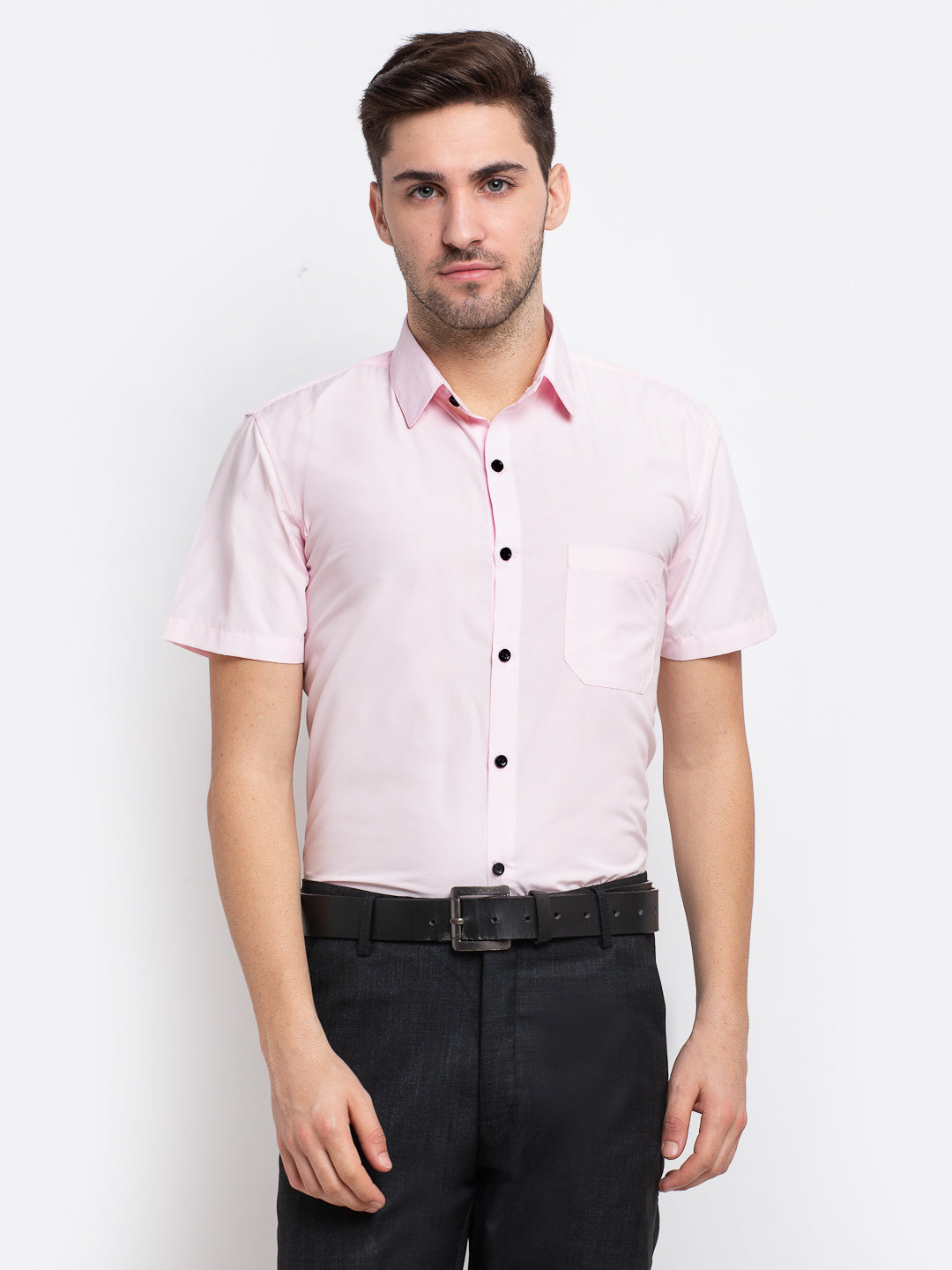 Jainish Pink Men's Cotton Half Sleeves Solid Formal Shirts ( SF 754Light-Pink ) - Distacart