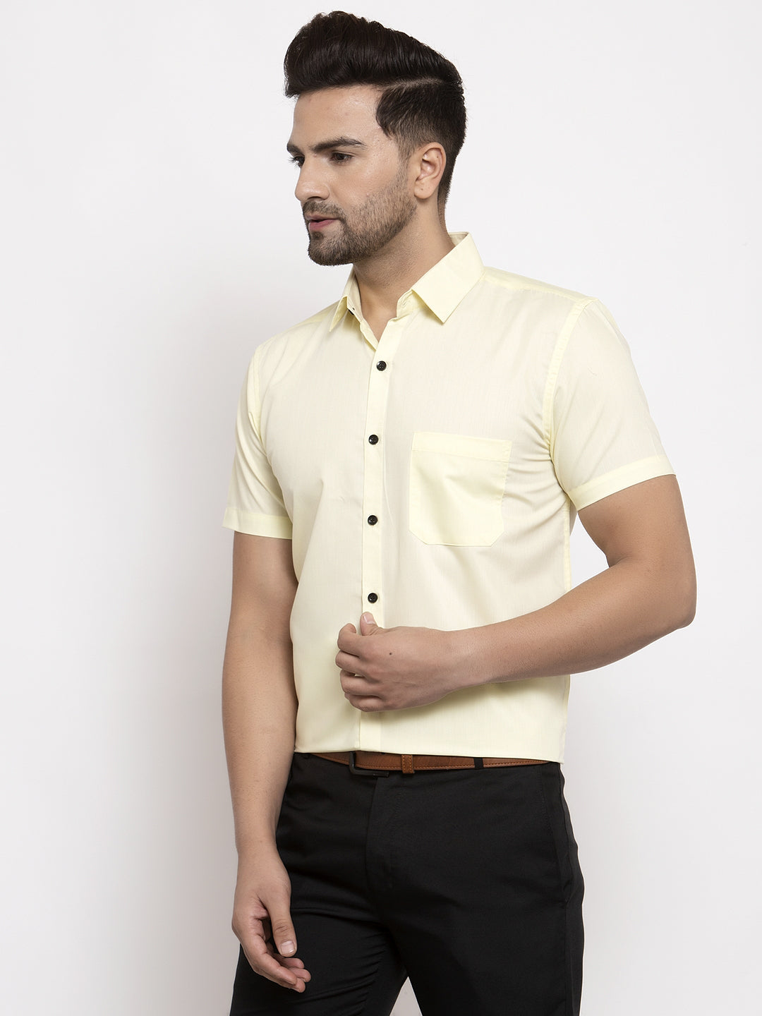 Jainish Yellow Men's Cotton Half Sleeves Solid Formal Shirts ( SF 754Lime ) - Distacart