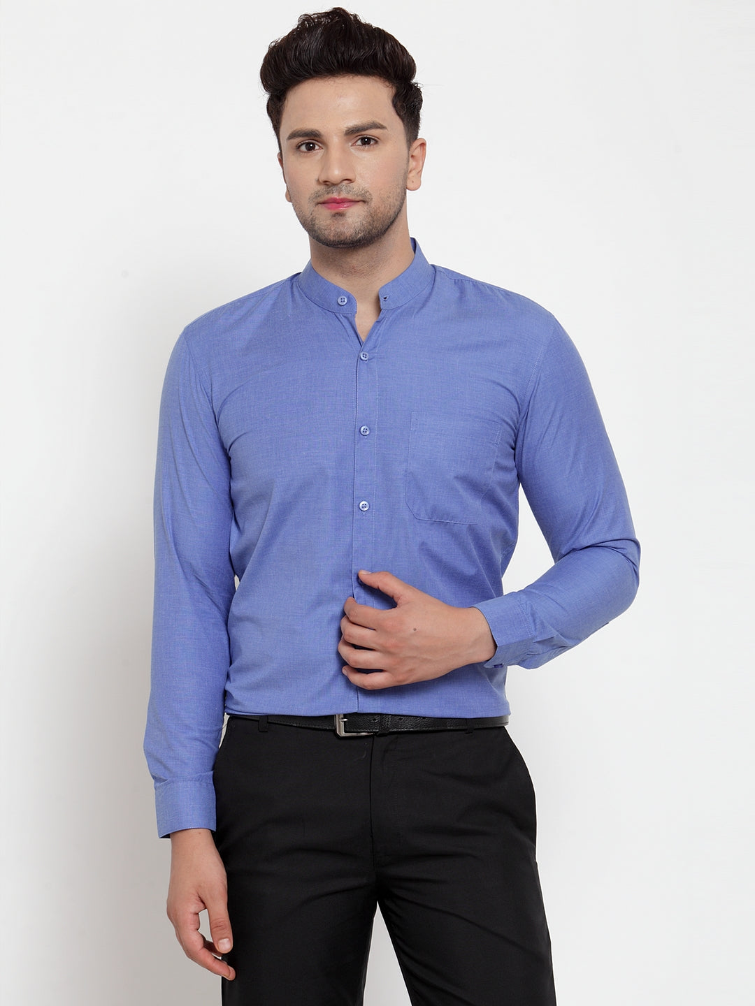 Jainish Blue Men's Cotton Solid Mandarin Collar Formal Shirts ( SF 757Blue ) - Distacart