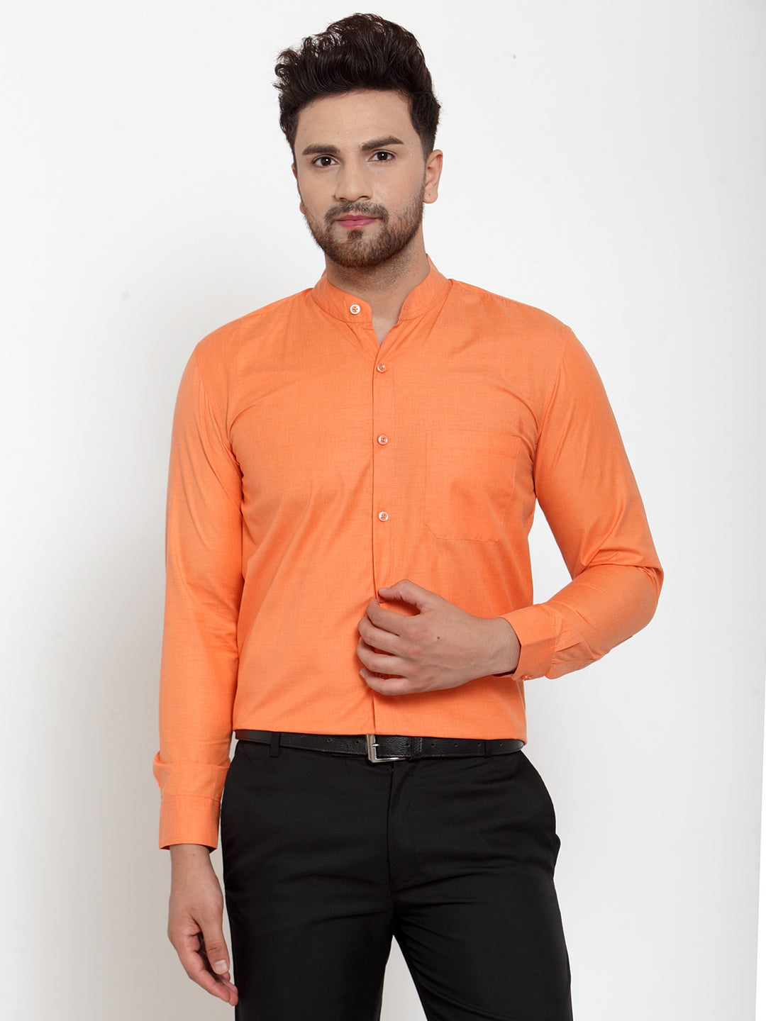Jainish Orange Men's Cotton Solid Mandarin Collar Formal Shirts ( SF 757Orange ) - Distacart