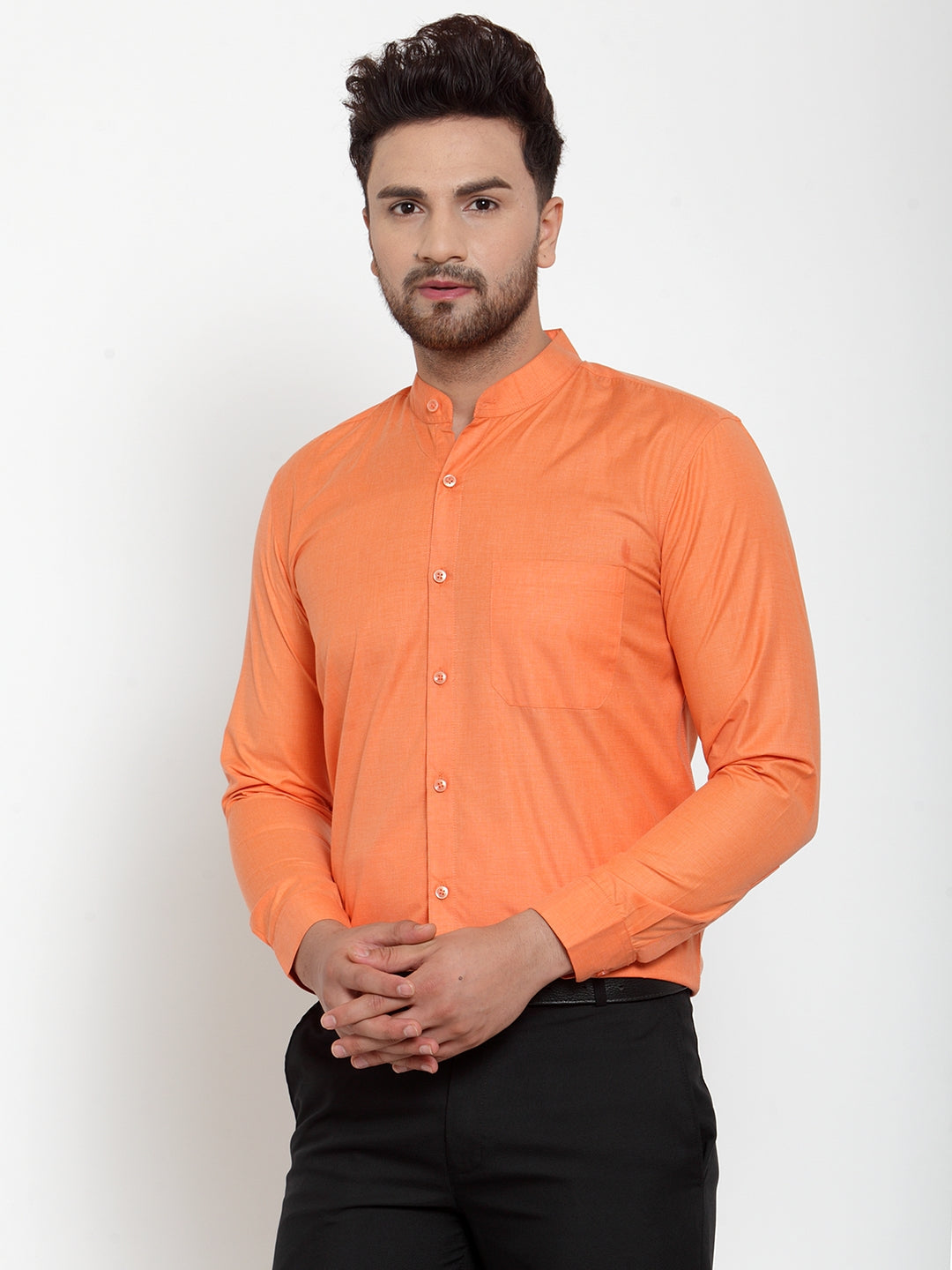 Jainish Orange Men's Cotton Solid Mandarin Collar Formal Shirts ( SF 757Orange ) - Distacart