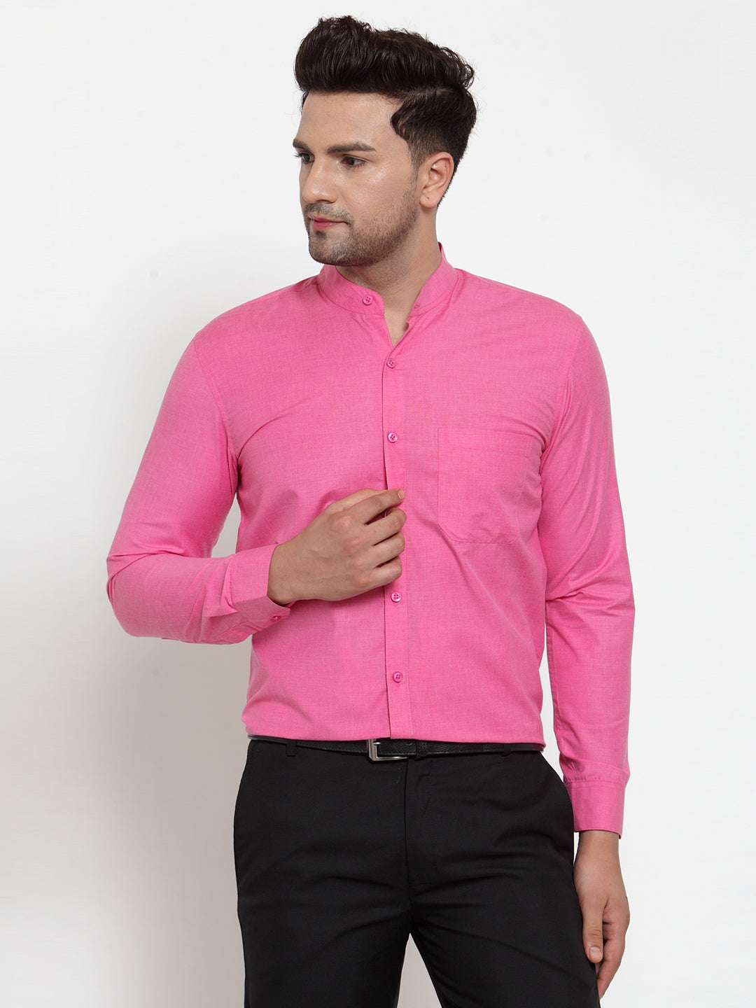 Jainish Pink Men's Cotton Solid Mandarin Collar Formal Shirts ( SF 757Pink ) - Distacart