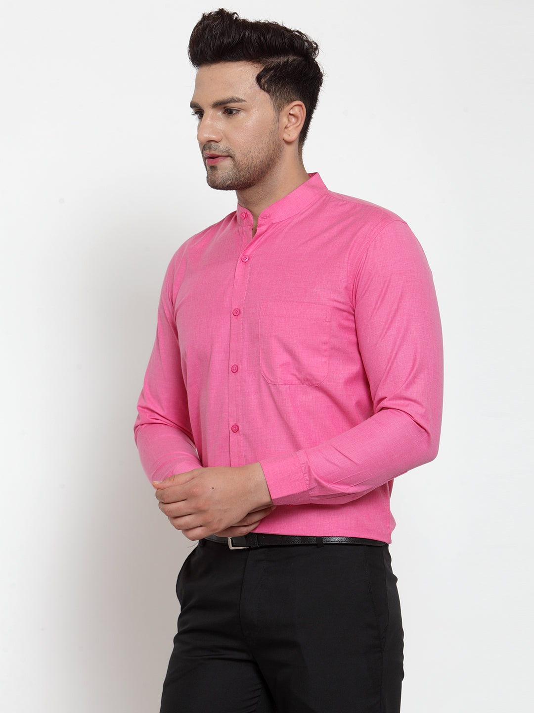 Jainish Pink Men's Cotton Solid Mandarin Collar Formal Shirts ( SF 757Pink ) - Distacart