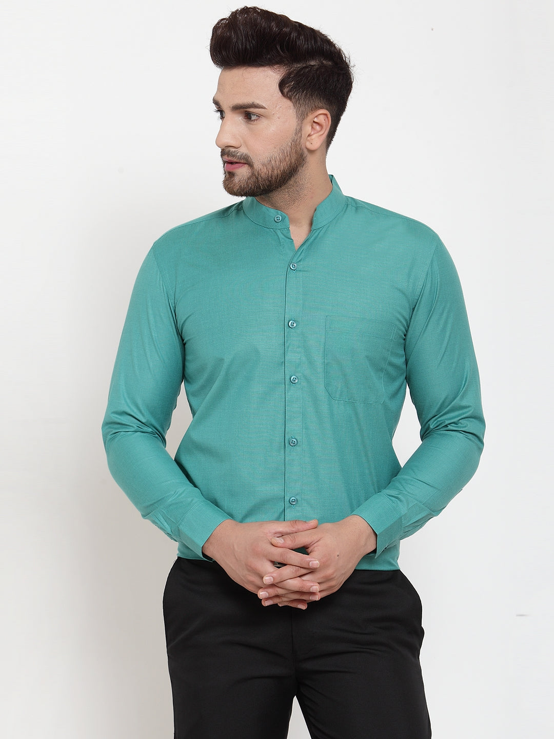 Jainish Green Men's Cotton Solid Mandarin Collar Formal Shirts ( SF 757Pista ) - Distacart