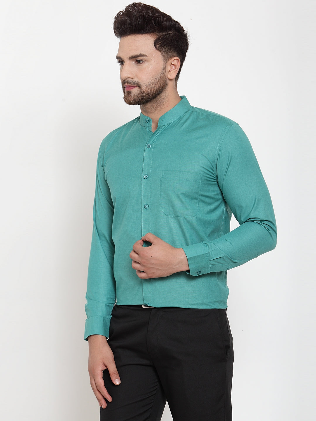 Jainish Green Men's Cotton Solid Mandarin Collar Formal Shirts ( SF 757Pista ) - Distacart
