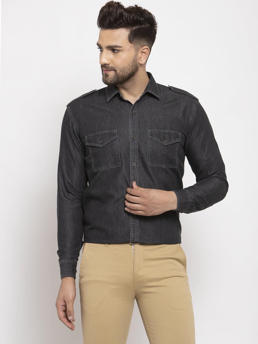 Jainish Black Men's Denim Solid Formal Shirt's ( SF 763Black ) - Distacart
