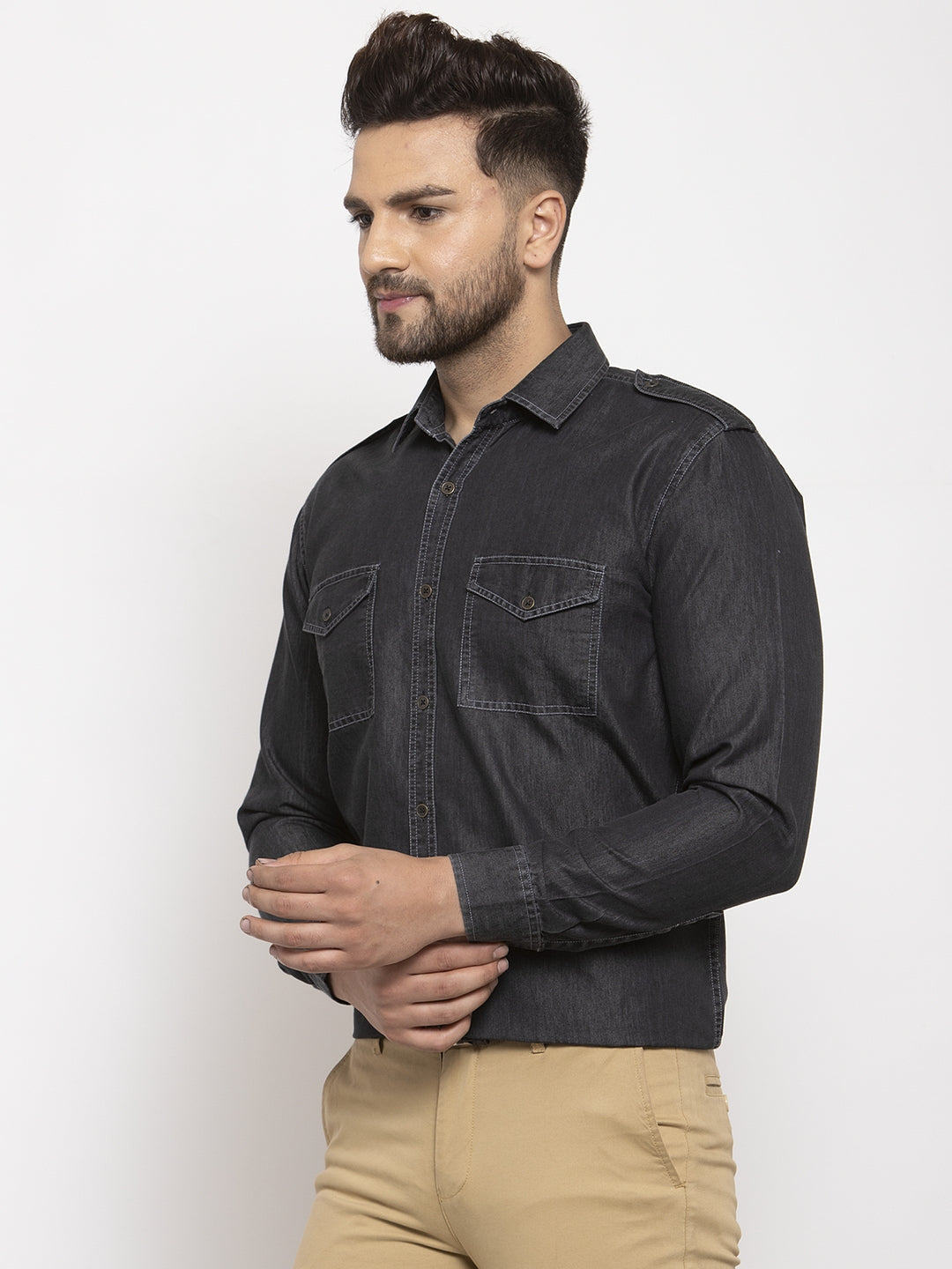 Jainish Black Men's Denim Solid Formal Shirt's ( SF 763Black ) - Distacart