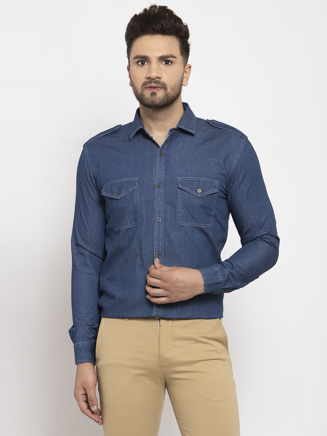 Jainish Navy Men's Denim Solid Formal Shirt's ( SF 763Navy ) - Distacart