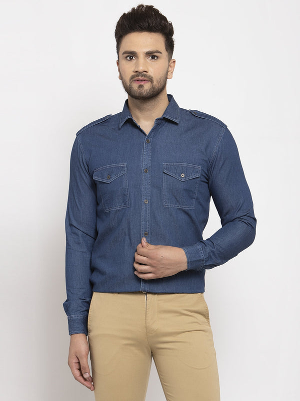 Jainish Navy Men's Denim Solid Formal Shirt's ( SF 763Navy ) - Distacart