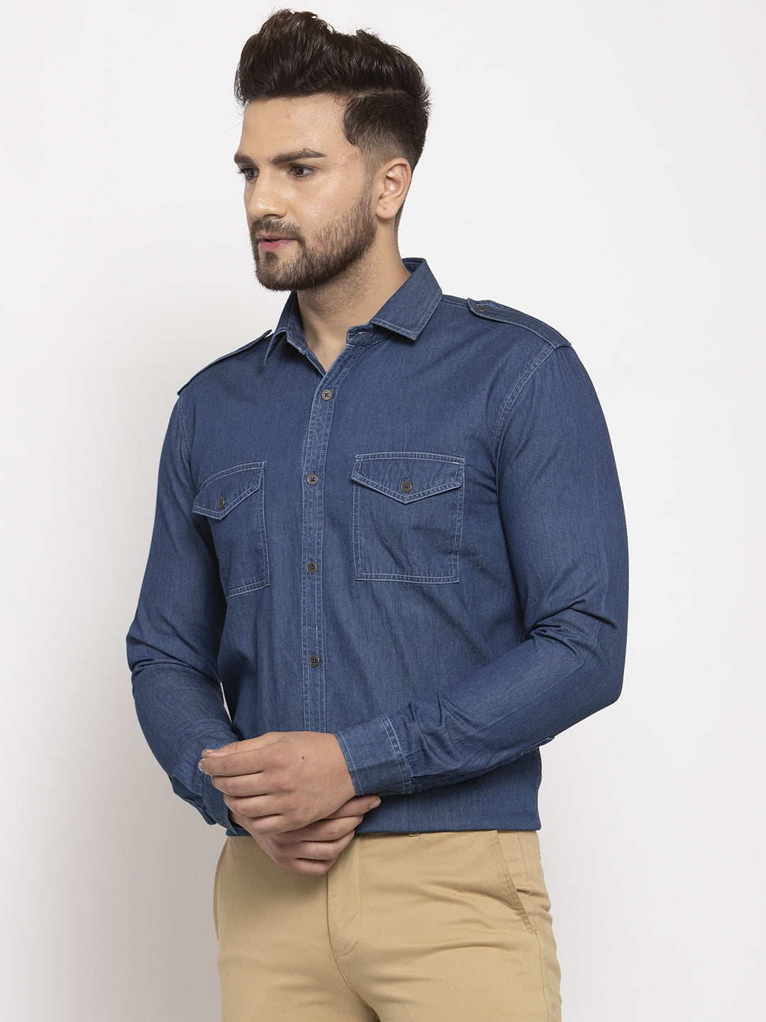 Jainish Navy Men's Denim Solid Formal Shirt's ( SF 763Navy ) - Distacart