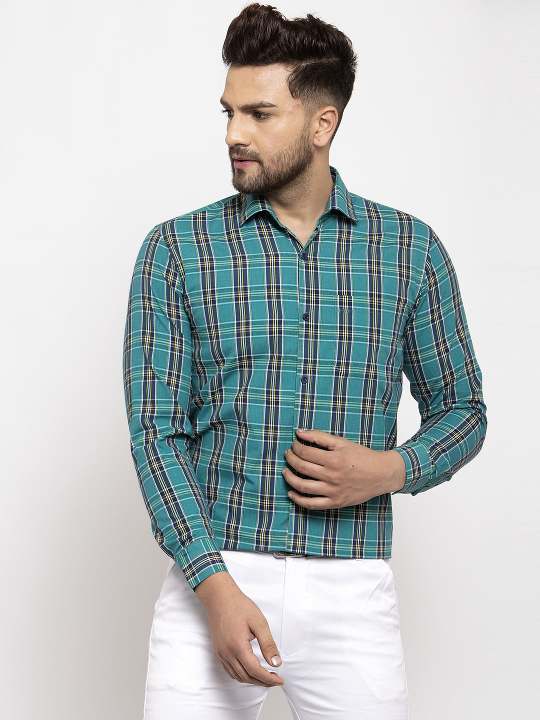Jainish Green Men's Cotton Checked Formal Shirt's ( SF 764Green ) - Distacart