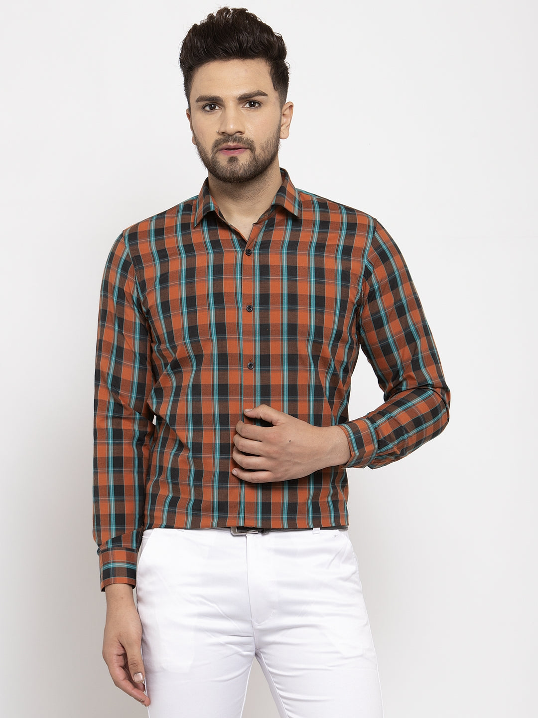 Jainish Orange Men's Cotton Checked Formal Shirt's ( SF 764Orange ) - Distacart