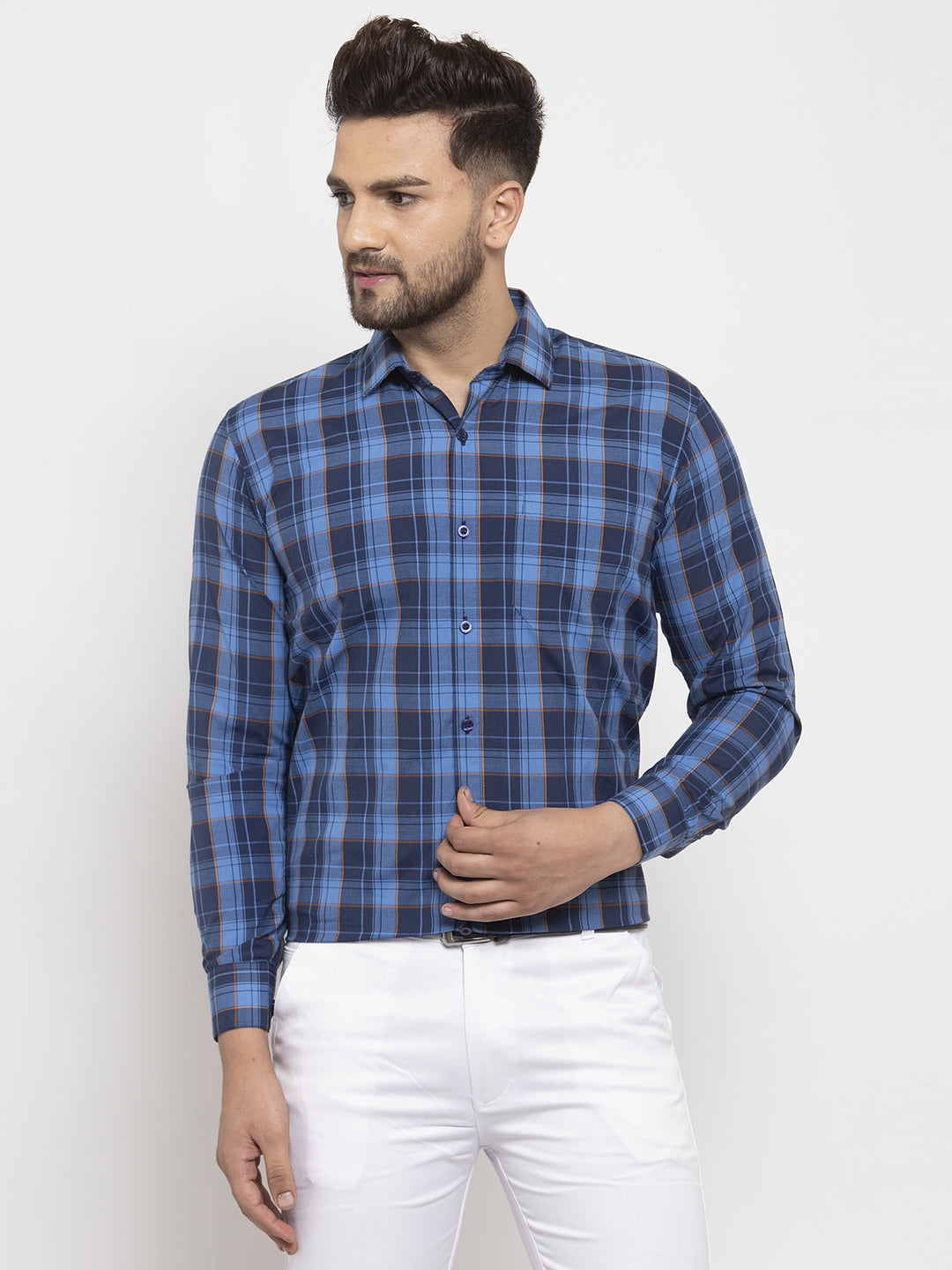 Jainish Blue Men's Cotton Checked Formal Shirt's ( SF 764Royal-Blue ) - Distacart