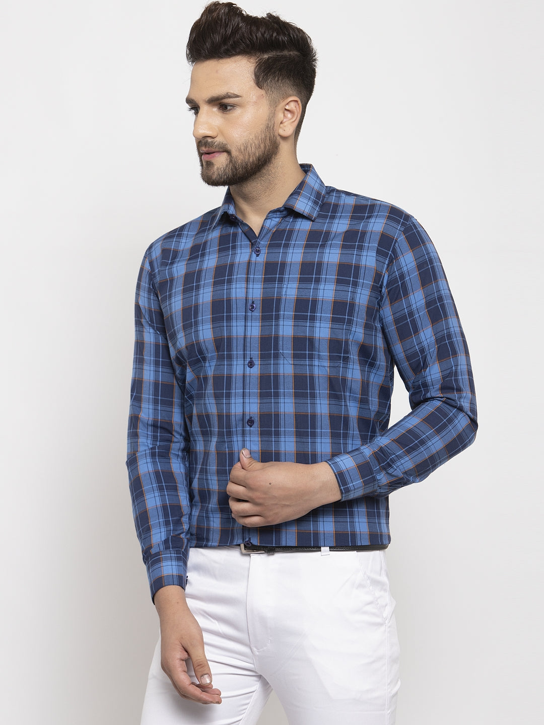 Jainish Blue Men's Cotton Checked Formal Shirt's ( SF 764Royal-Blue ) - Distacart