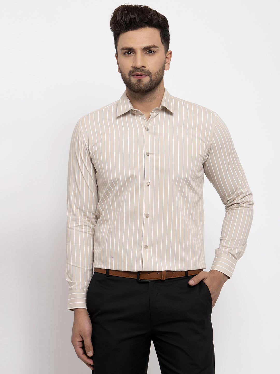 Jainish Cream Men's Cotton Striped Formal Shirt's ( SF 770Cream ) - Distacart