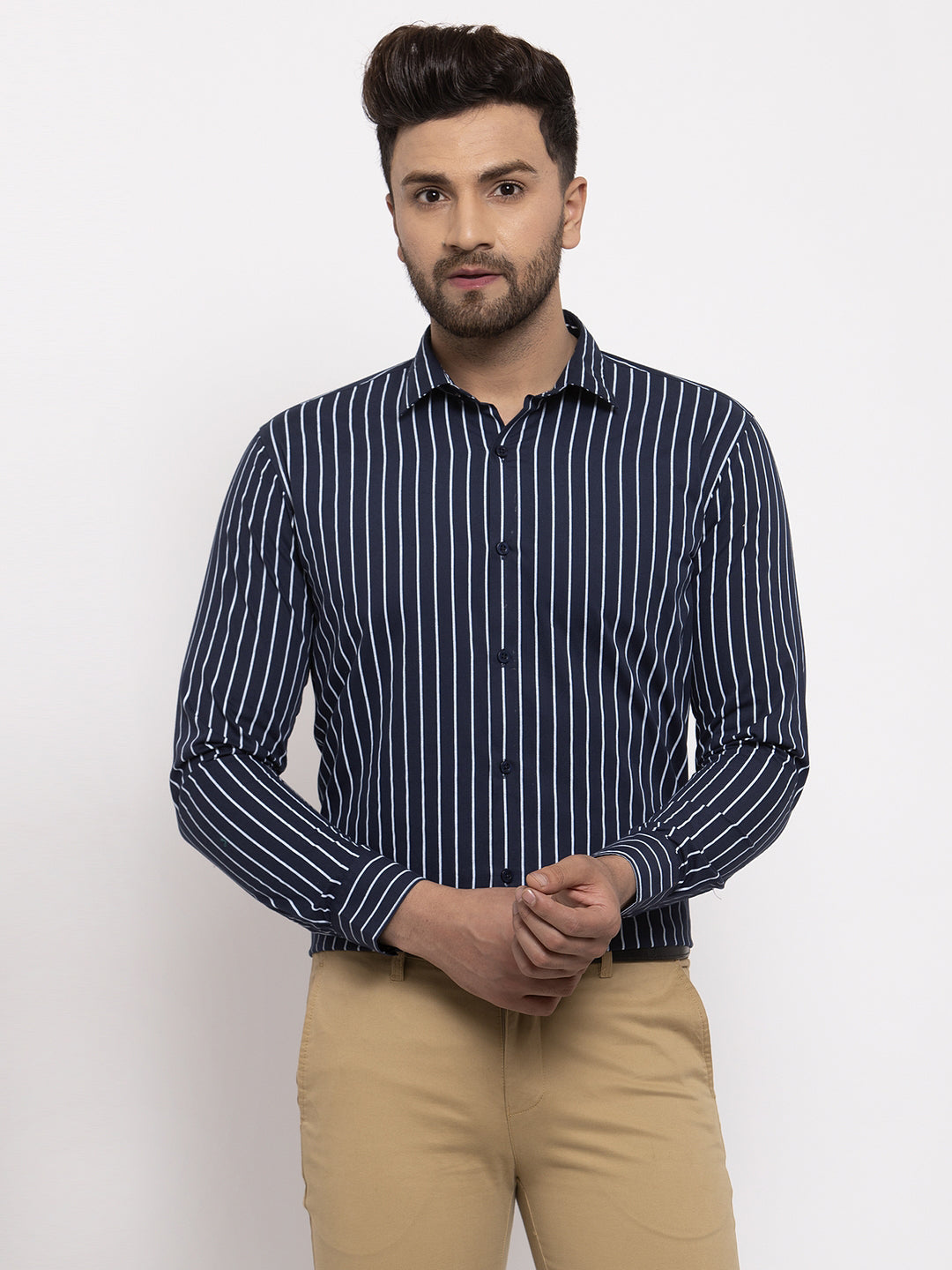 Jainish Navy Men's Cotton Striped Formal Shirt's ( SF 770Navy ) - Distacart