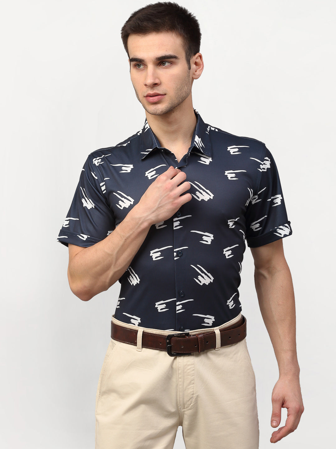 Jainish Navy Blue Men's Printed Lycra Half Sleevess Formal Shirts ( SF 778Navy ) - Distacart