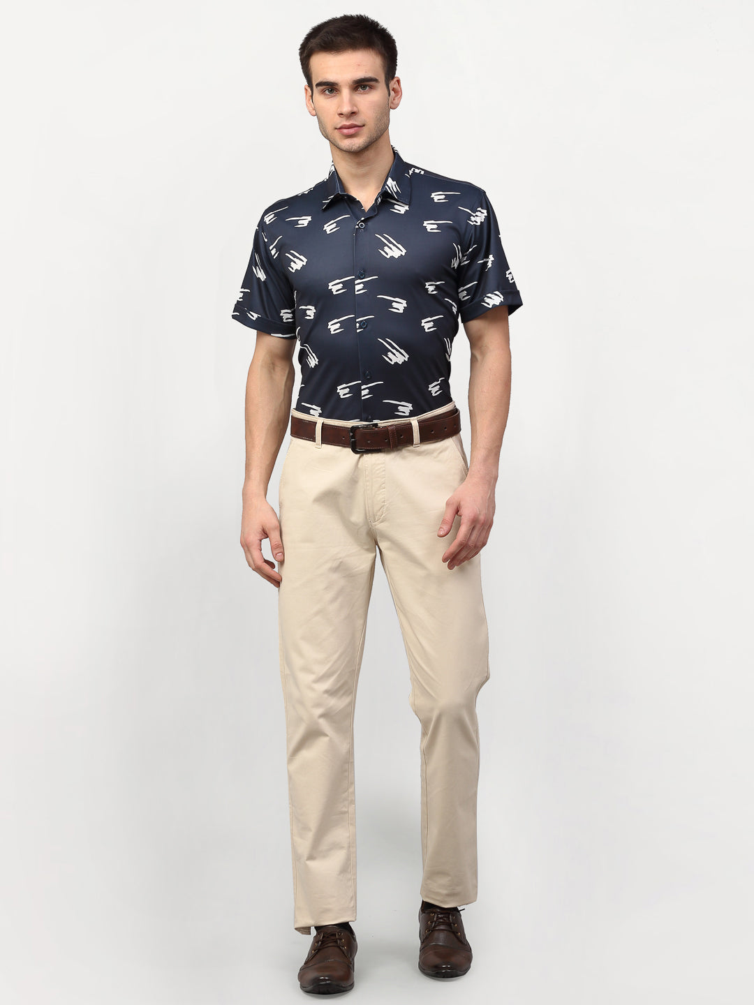 Jainish Navy Blue Men's Printed Lycra Half Sleevess Formal Shirts ( SF 778Navy ) - Distacart