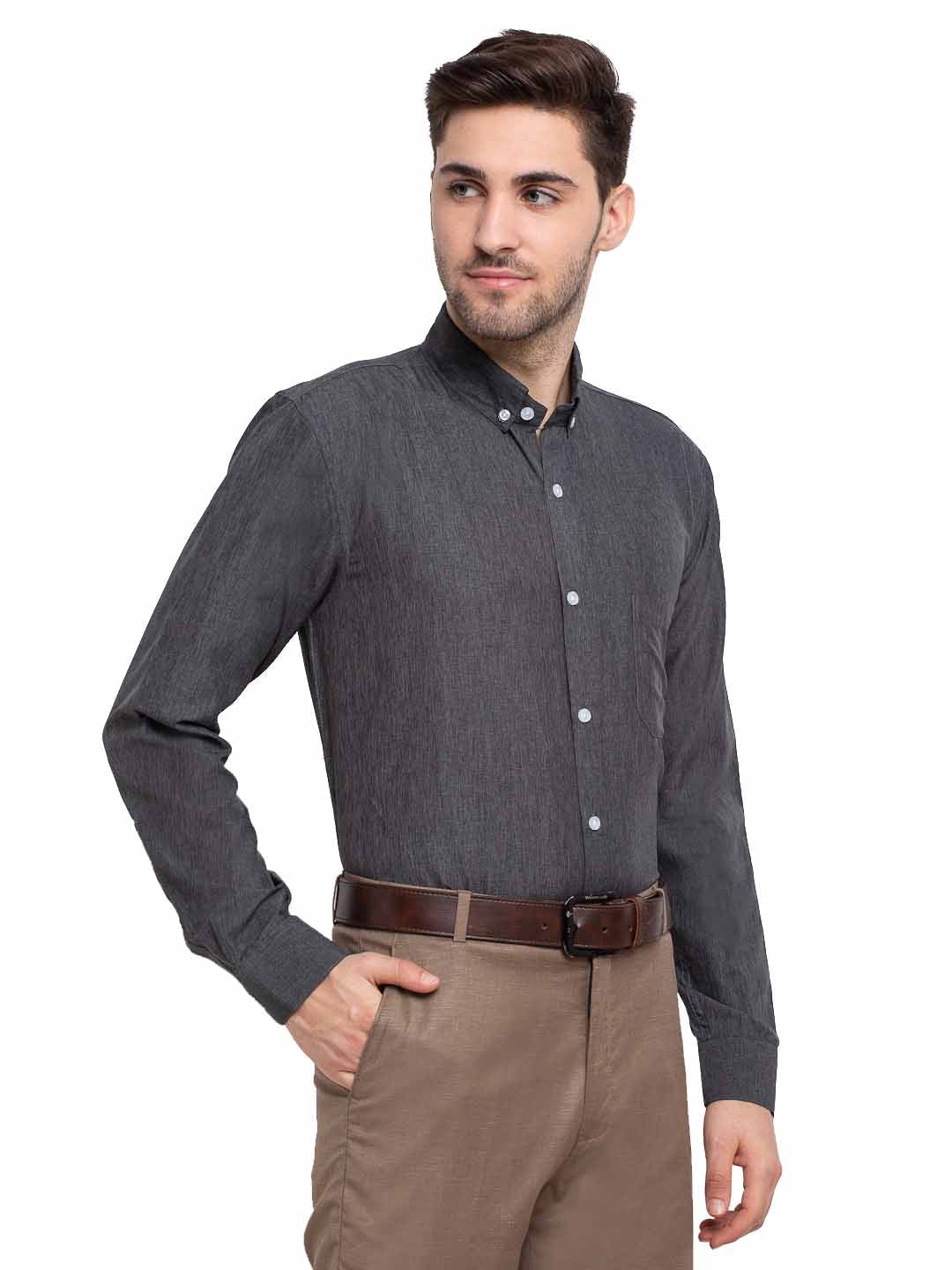 Jainish Grey Melange Men's Button Down Collar Cotton Formal Shirt ( SF 785Charcoal ) - Distacart