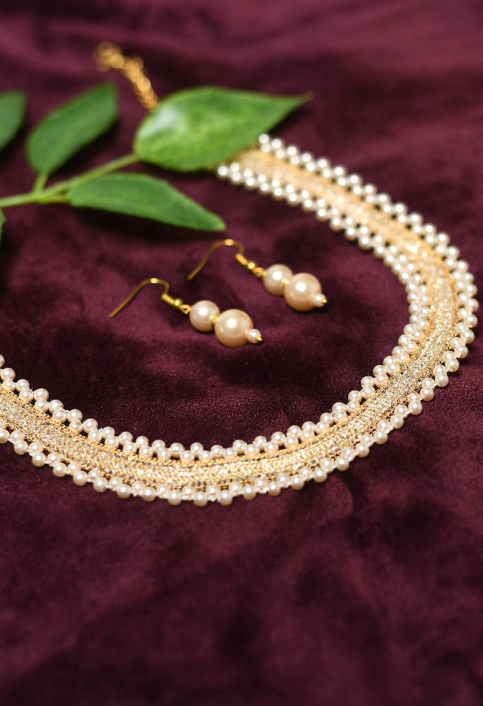 Tehzeeb Creations Golden Plated Necklace and Earrings with Pearl