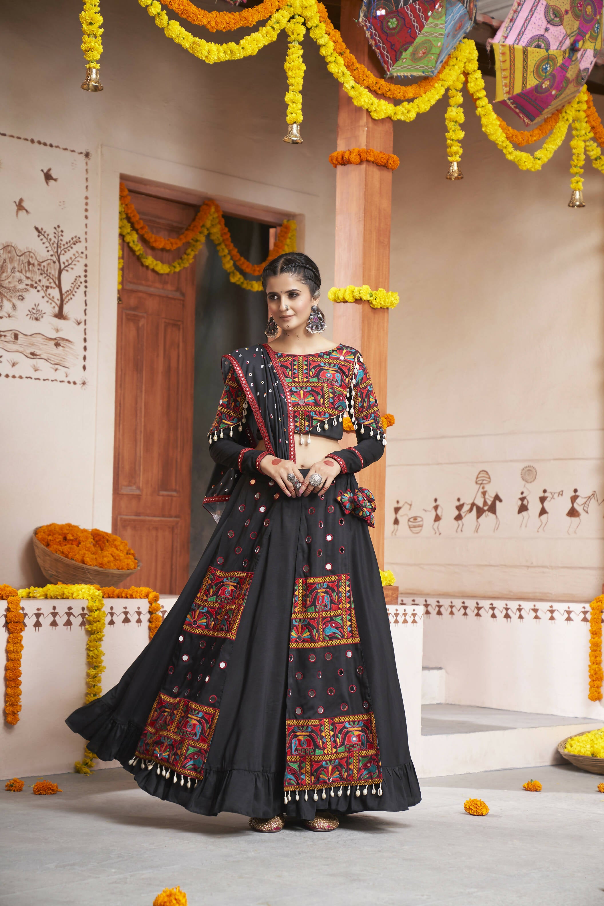 Black Viscose Rayon Thread Embroidery with mirror work Navratri Lehenga Choli with Dupatta - Raas - Distacart