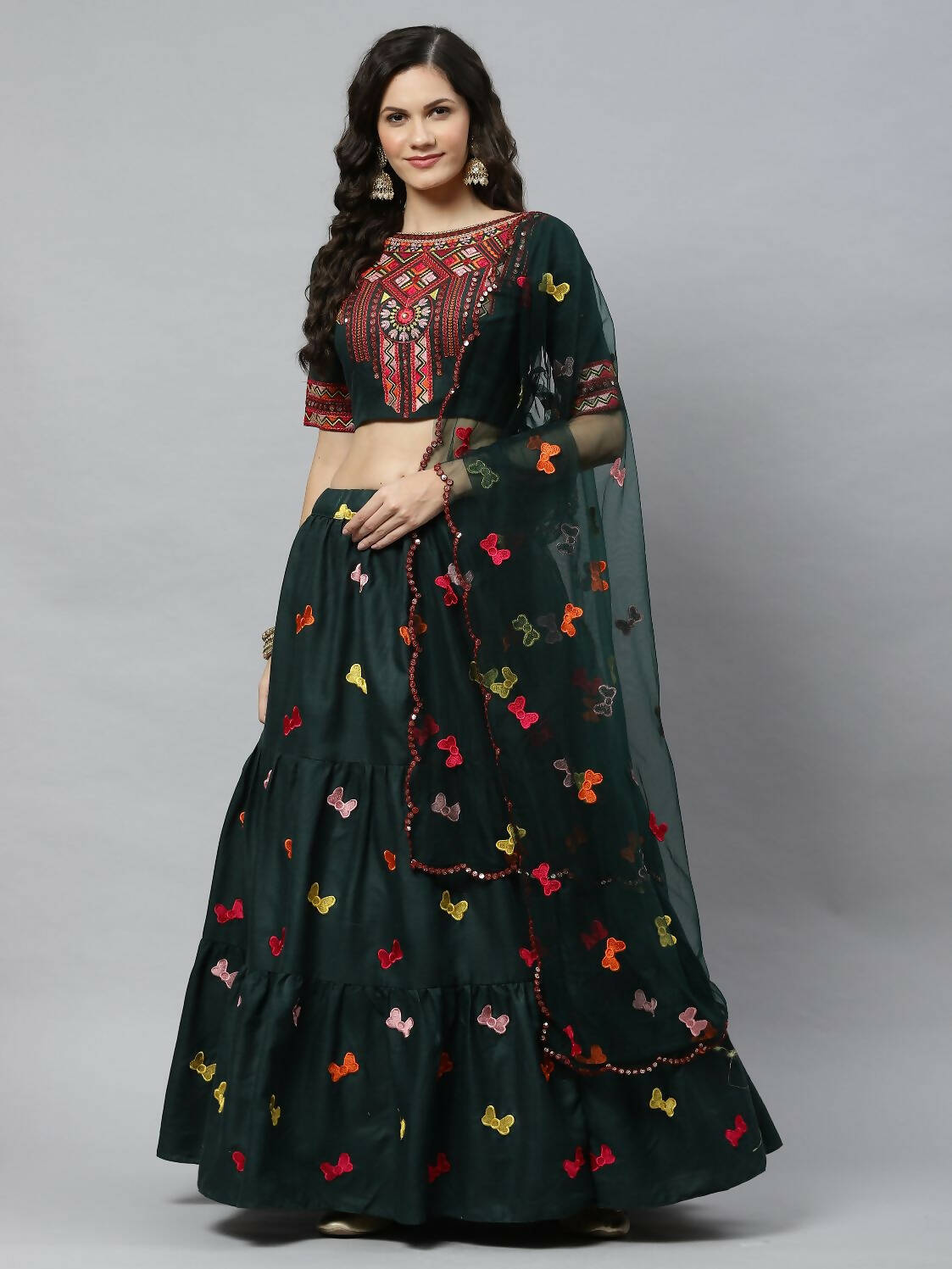 Dark Green Cotton Embroidered Work Lehenga Choli with Dupatta - Jivika - Distacart