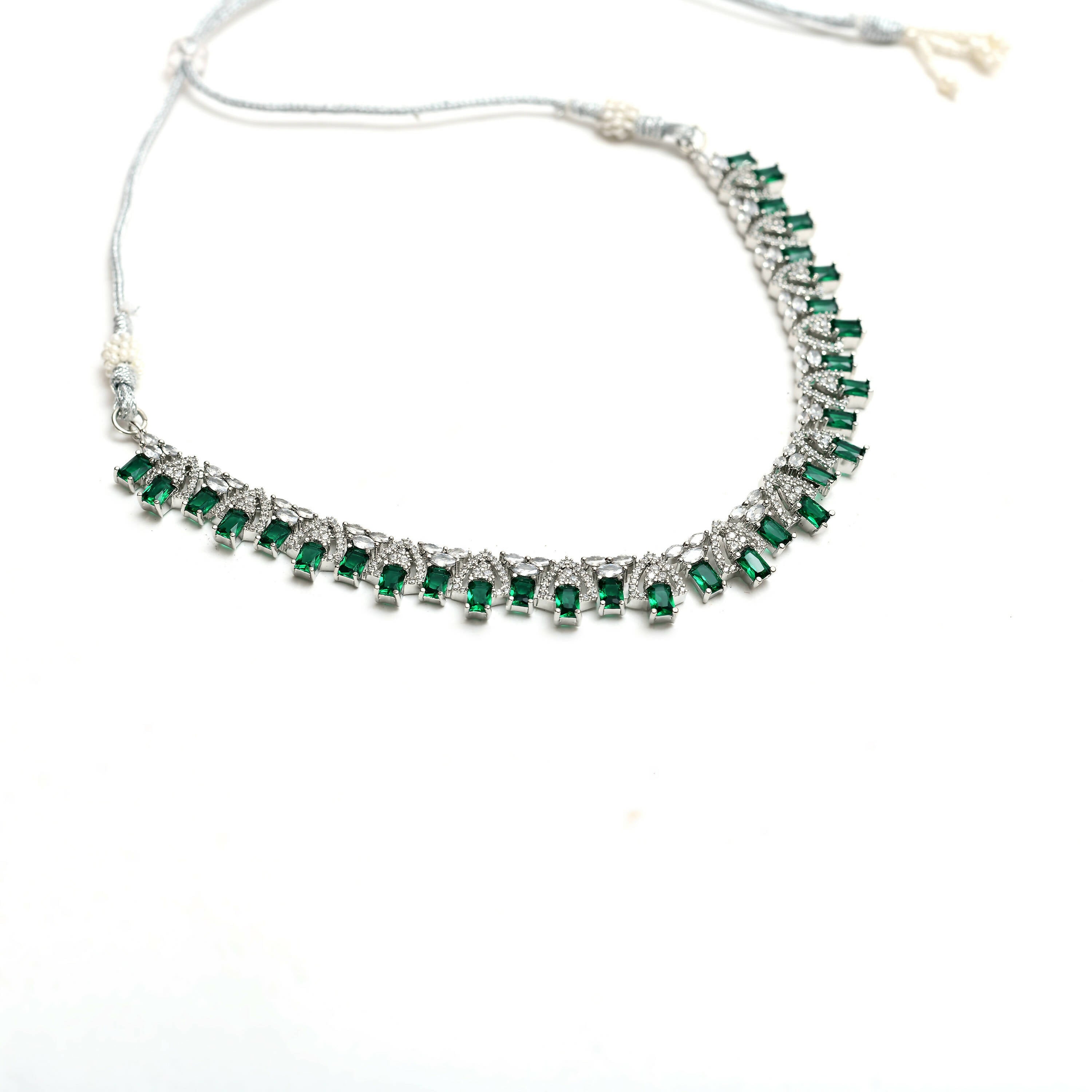 Mominos Fashion Johar Kamal Silver-Plated American Diamond Green Choker Set - Distacart