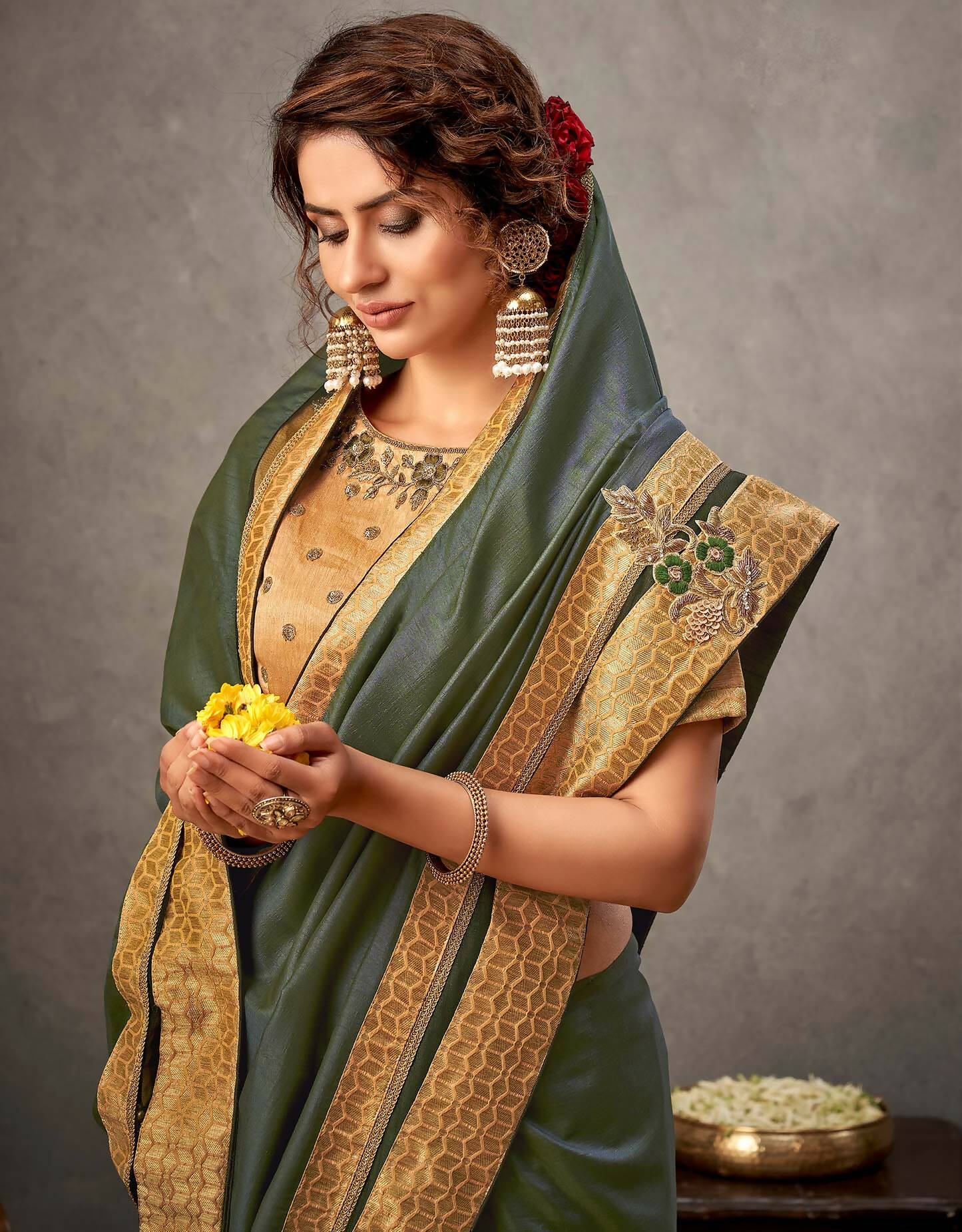 Moss Green Tusser Silk Resham, Cord And Sequins Embroidery, Handwork Butta Saree - Norita Arinya - Distacart