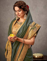 Thumbnail for Moss Green Tusser Silk Resham, Cord And Sequins Embroidery, Handwork Butta Saree - Norita Arinya - Distacart