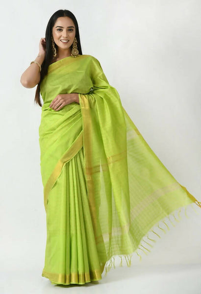 Mominos Fashion Moeza Parrot Green Bhagalpuri Handloom Silk Raj Shree Saree with unstitched Blouse piece - Distacart