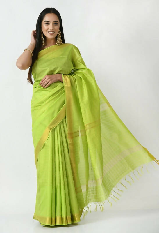 Mominos Fashion Moeza Parrot Green Bhagalpuri Handloom Silk Raj Shree Saree with unstitched Blouse piece - Distacart