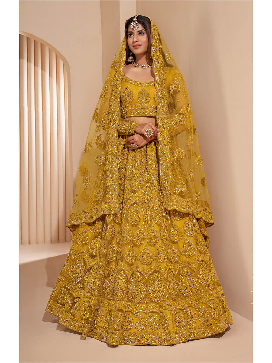 Myra Mustard Yellow Heavy Embroidered Designer Lehenga - Distacart