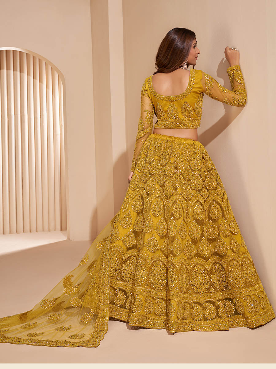 Myra Mustard Yellow Heavy Embroidered Designer Lehenga - Distacart