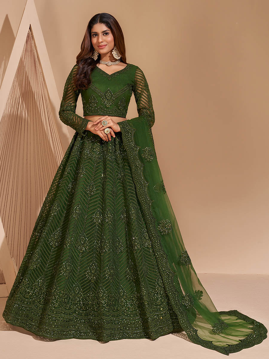 Myra Mehendi Green Heavy Embroidered Designer Lehenga - Distacart